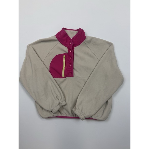 Hippie Rose Sweaters - Hippie Rose Women's Medium Cropped Fleece Pullover Beige Magneta Snap Neck